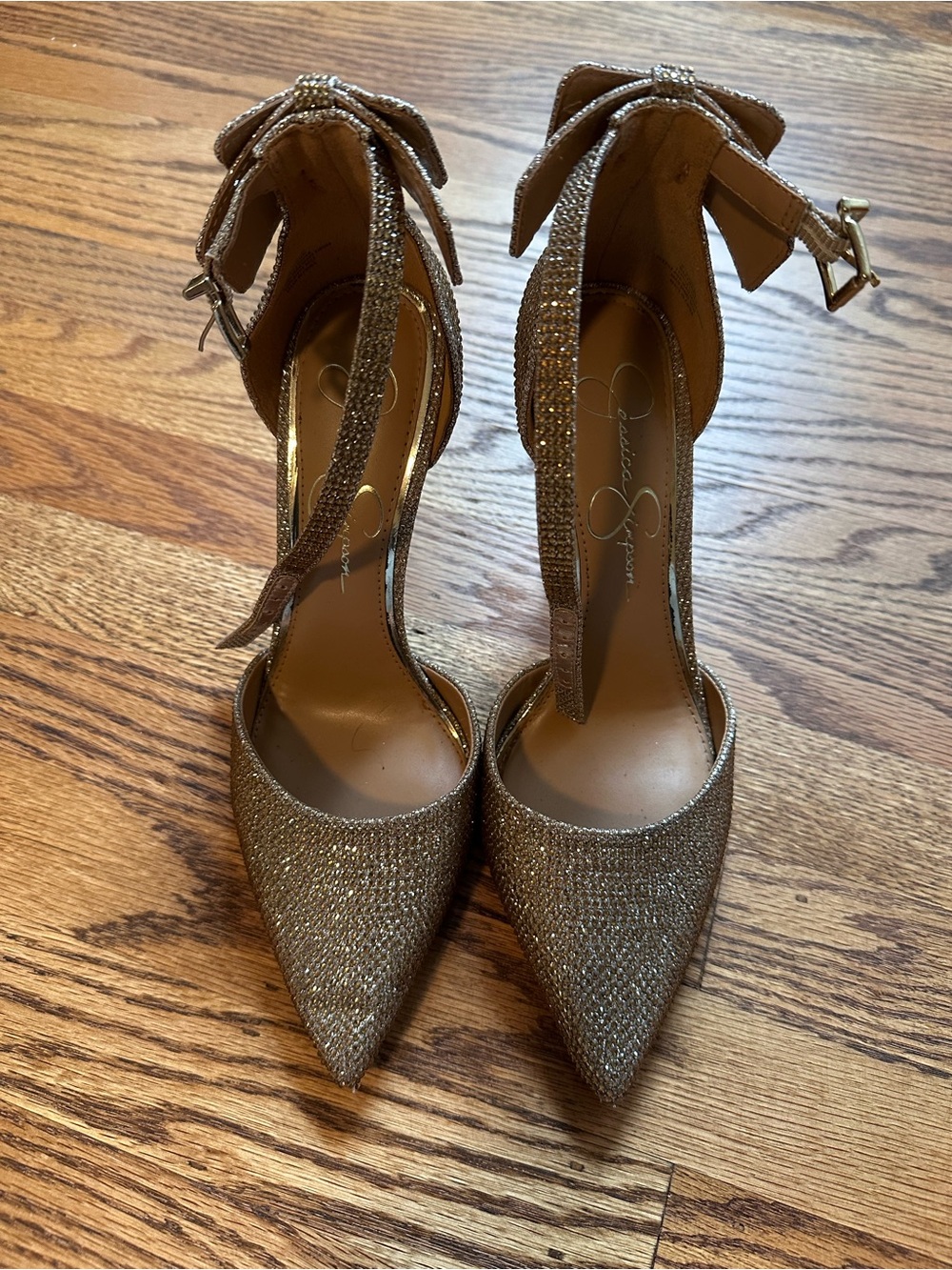 Jessica Simpson Gold Glitter Pointed Toe Bow Ankle Strap Heels
